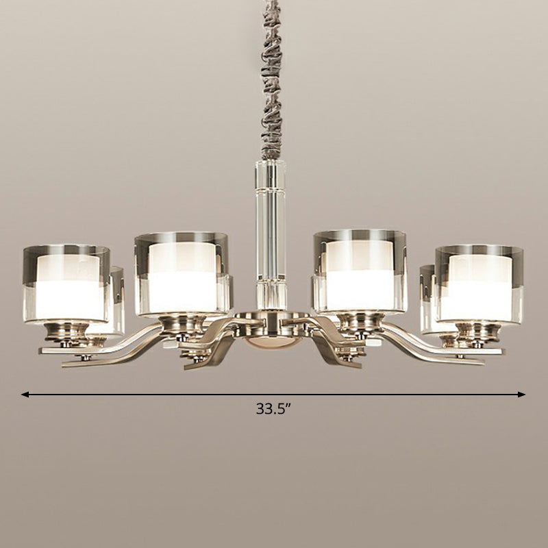 Cylindrical Restaurant Chandelier Frosted and Smoke Grey Glass Modern Hanging Light in Chrome