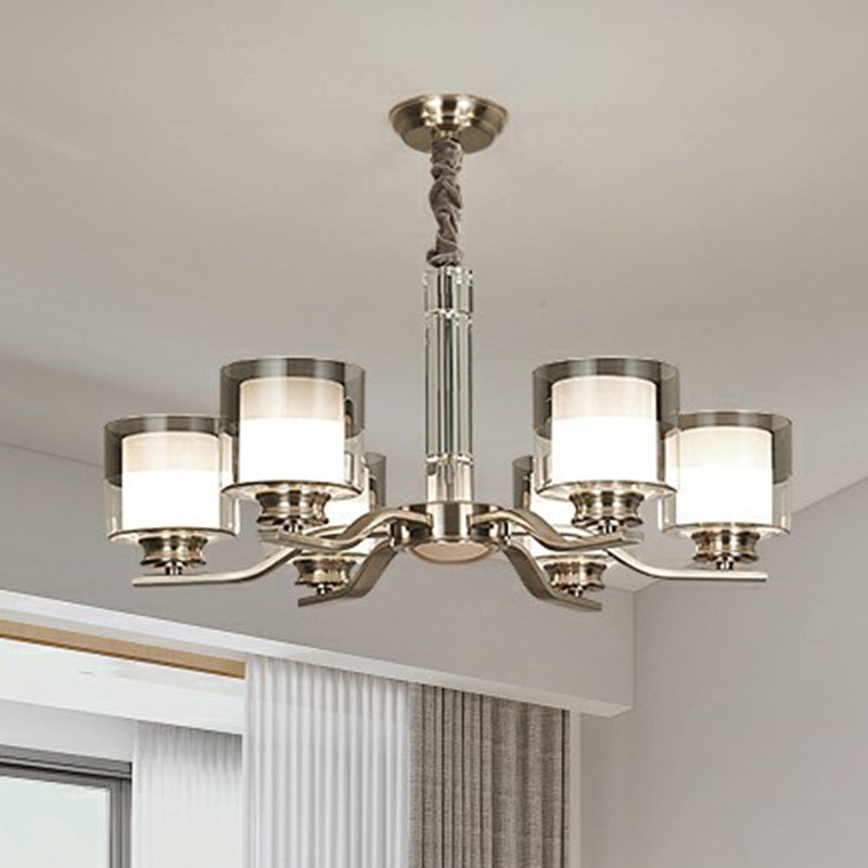 Cylindrical Restaurant Chandelier Frosted and Smoke Grey Glass Modern Hanging Light in Chrome