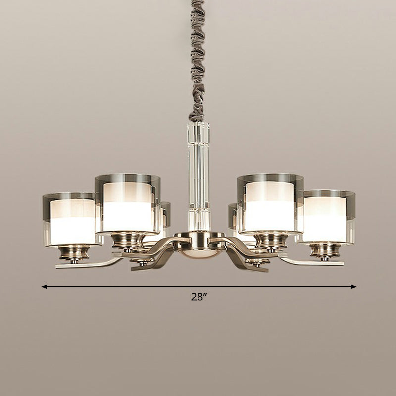 Cylindrical Restaurant Chandelier Frosted and Smoke Grey Glass Modern Hanging Light in Chrome