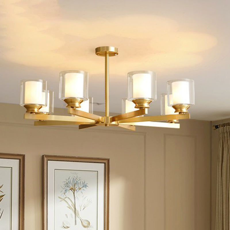 Brass Cylindrical Hanging Lamp Minimalism Clear and Frosted Glass Dining Room Chandelier