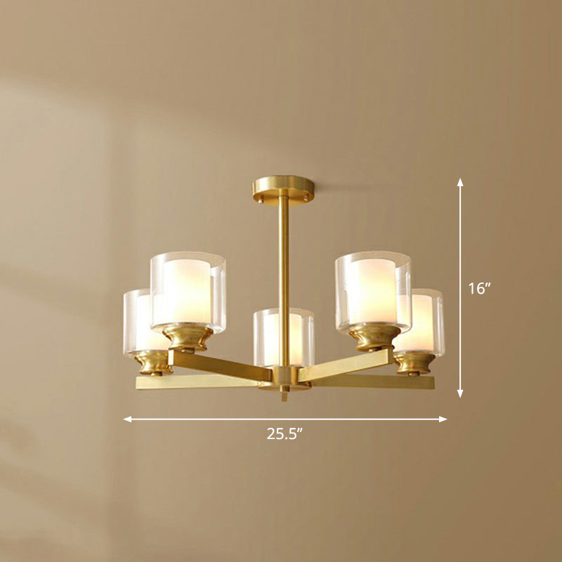 Brass Cylindrical Hanging Lamp Minimalism Clear and Frosted Glass Dining Room Chandelier