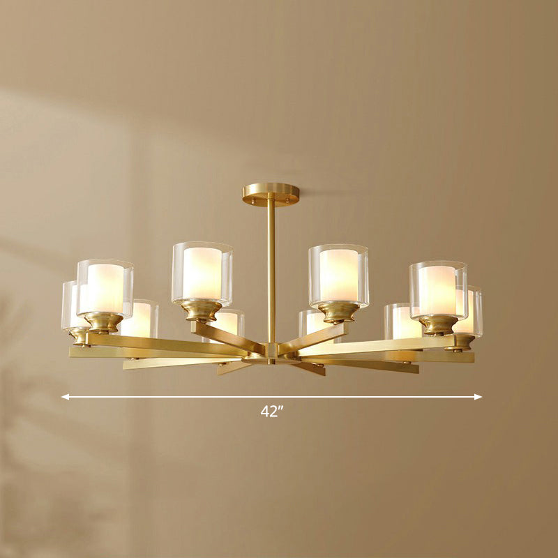 Brass Cylindrical Hanging Lamp Minimalism Clear and Frosted Glass Dining Room Chandelier