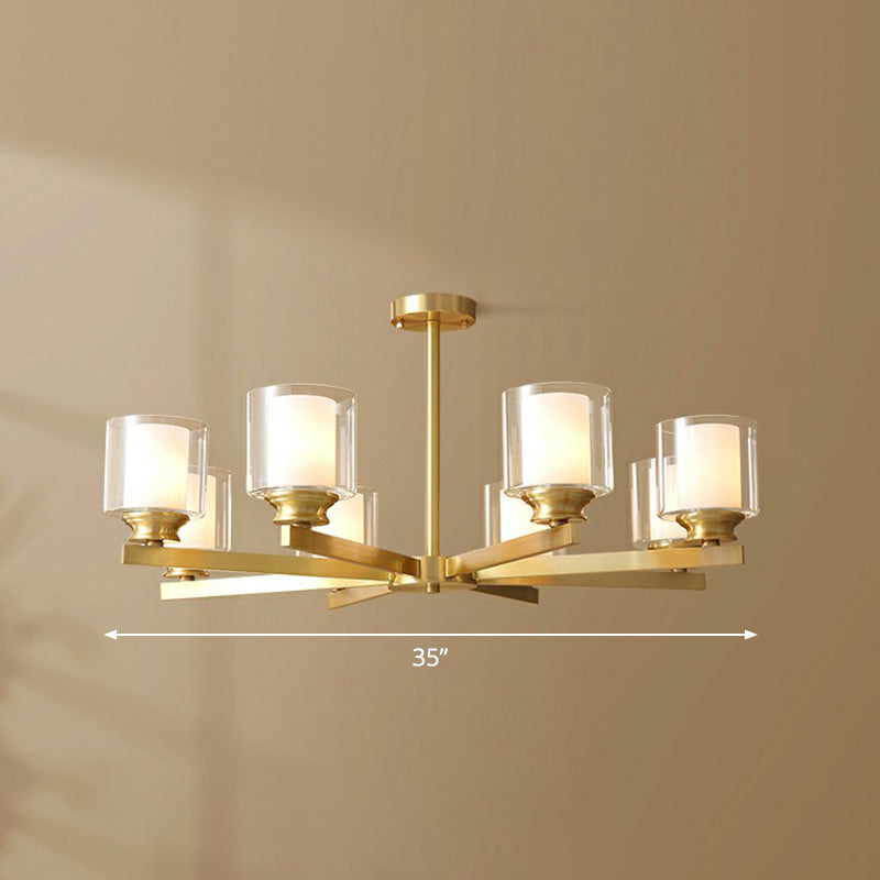 Brass Cylindrical Hanging Lamp Minimalism Clear and Frosted Glass Dining Room Chandelier