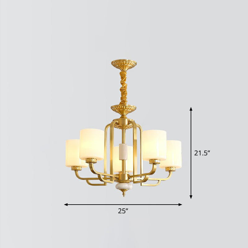 Traditional Cylinder Chandelier Milky Glass Ceiling Hang Light in Brass for Living Room