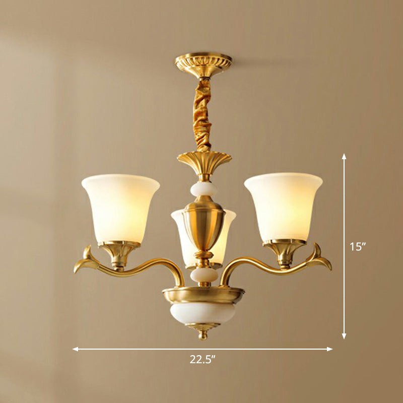 Cream Glass Brass Chandelier Flared Shaped Traditional Style Suspension Light for Dining Room