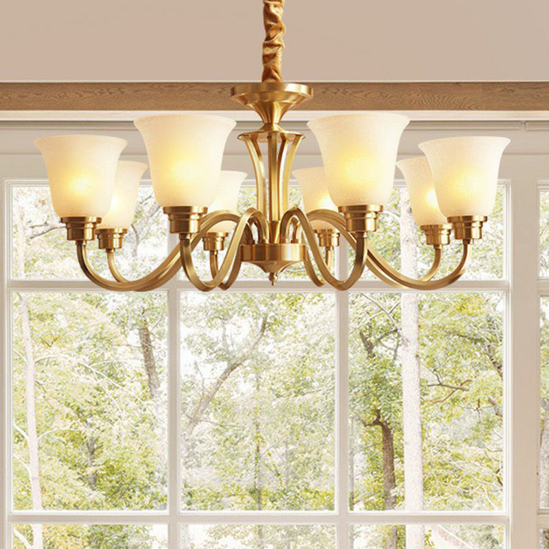 Traditional Flared Up Chandelier Semi-Opaque Glass Pendant Light Fixture in Brass
