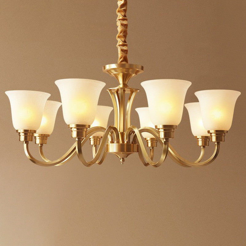 Traditional Flared Up Chandelier Semi-Opaque Glass Pendant Light Fixture in Brass
