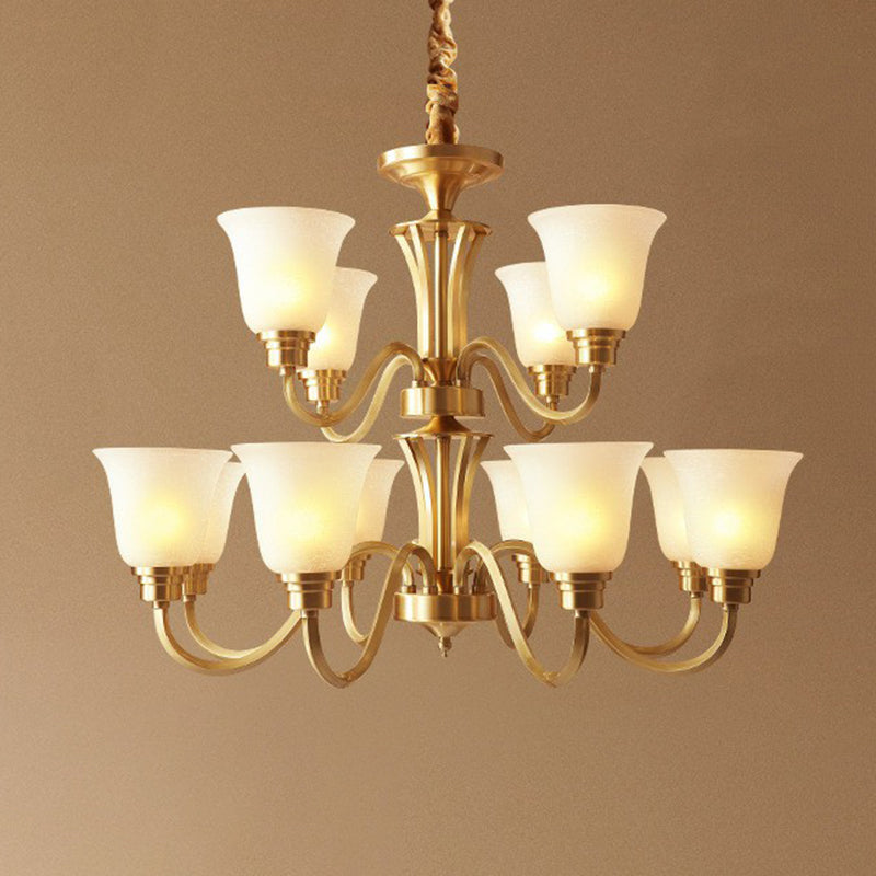 Traditional Flared Up Chandelier Semi-Opaque Glass Pendant Light Fixture in Brass