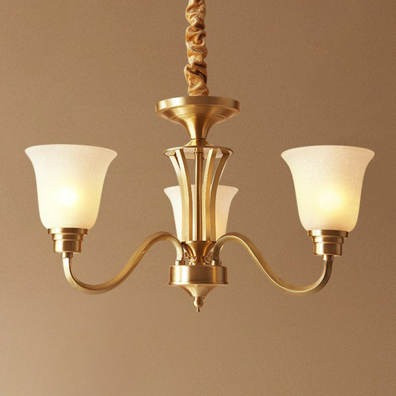 Traditional Flared Up Chandelier Semi-Opaque Glass Pendant Light Fixture in Brass