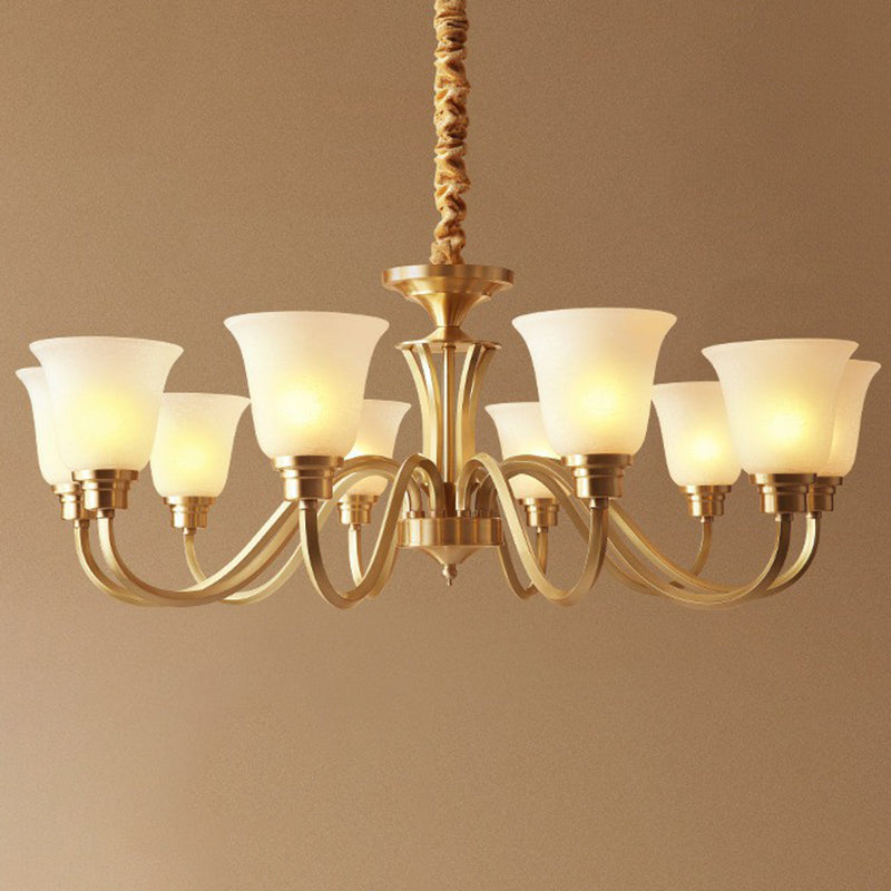 Traditional Flared Up Chandelier Semi-Opaque Glass Pendant Light Fixture in Brass