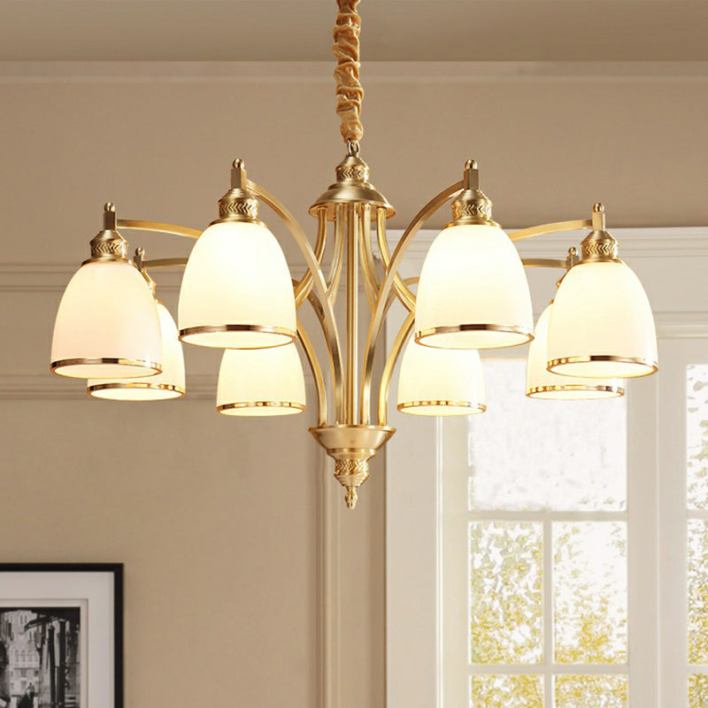 Brass Bell Shaped Chandelier Lamp Colonial Style Cream Glass Living Room Hanging Light Kit