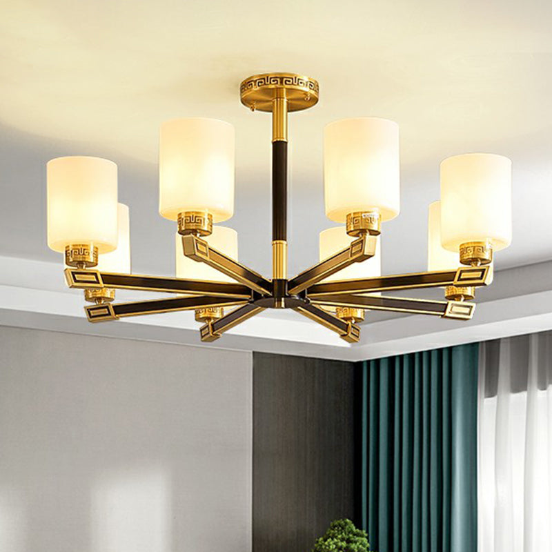 Satin Opal Glass Cylinder Ceiling Light Antique Living Room Chandelier in Black and Brass
