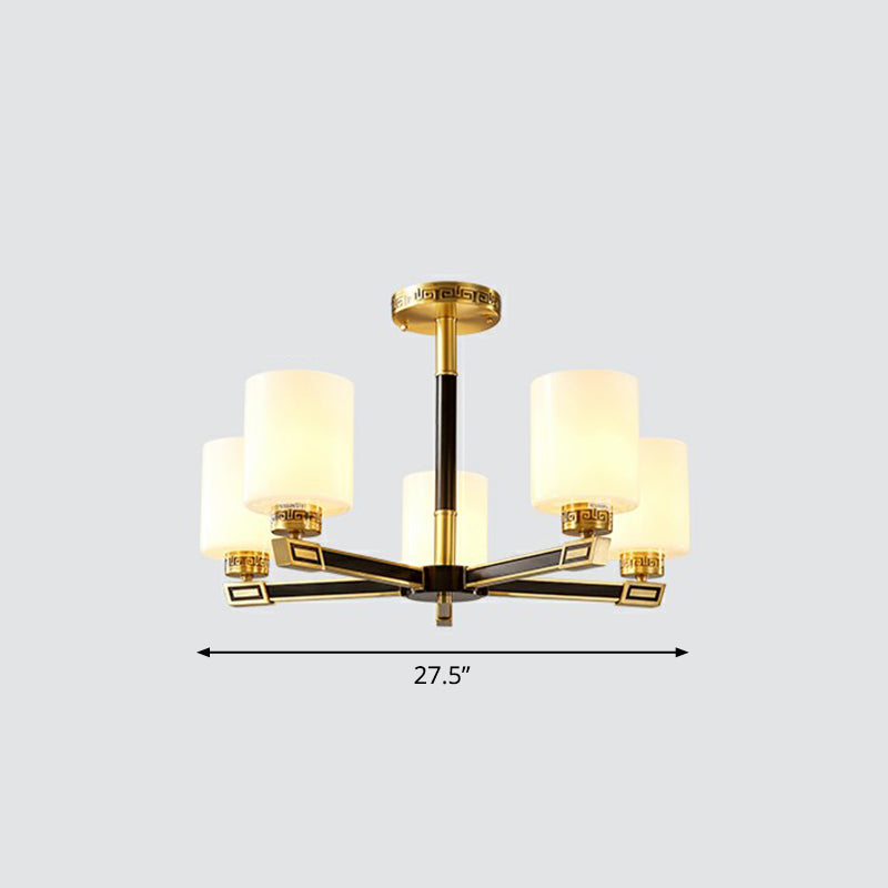 Satin Opal Glass Cylinder Ceiling Light Antique Living Room Chandelier in Black and Brass
