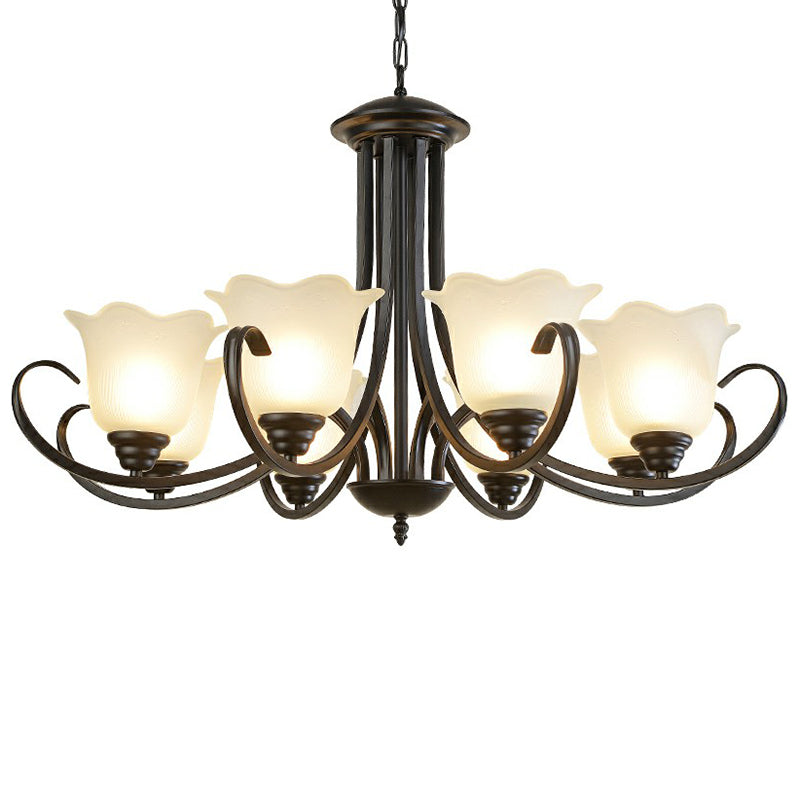Black Finish Chandelier Lighting Retro Opal Frosted Glass Flower Hanging Light for Living Room