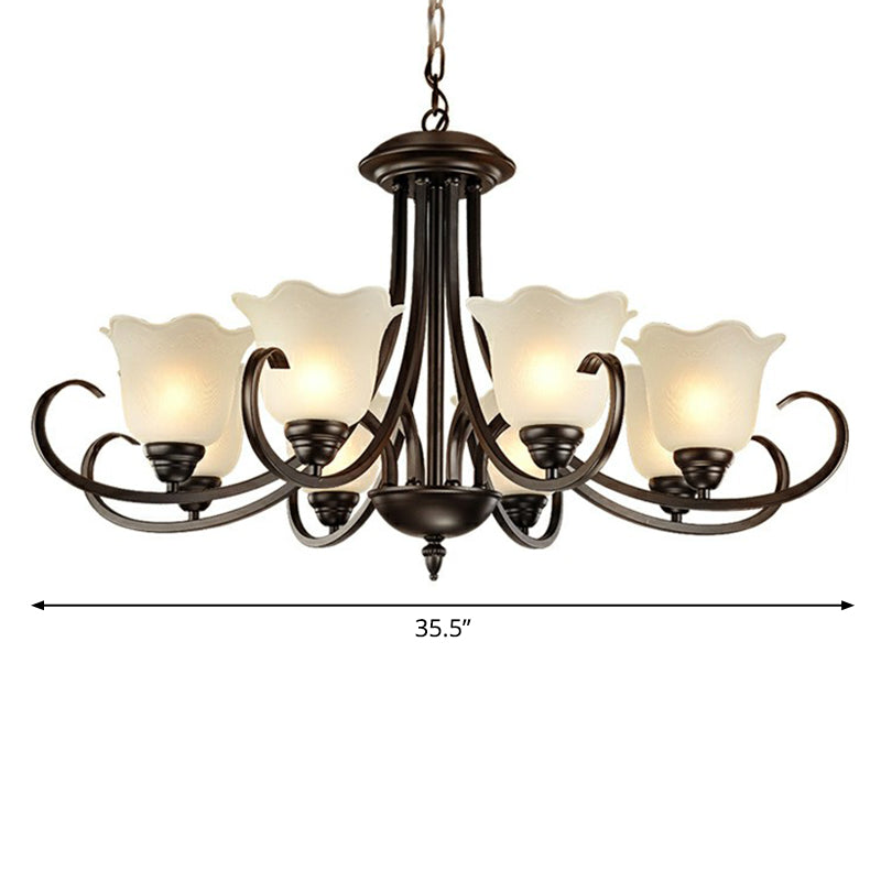 Black Finish Chandelier Lighting Retro Opal Frosted Glass Flower Hanging Light for Living Room