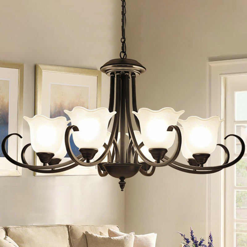 Black Finish Chandelier Lighting Retro Opal Frosted Glass Flower Hanging Light for Living Room