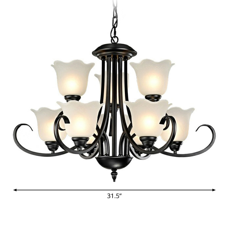 Black Finish Chandelier Lighting Retro Opal Frosted Glass Flower Hanging Light for Living Room