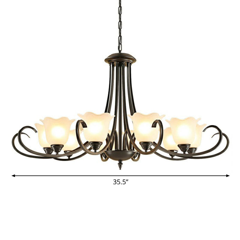 Black Finish Chandelier Lighting Retro Opal Frosted Glass Flower Hanging Light for Living Room