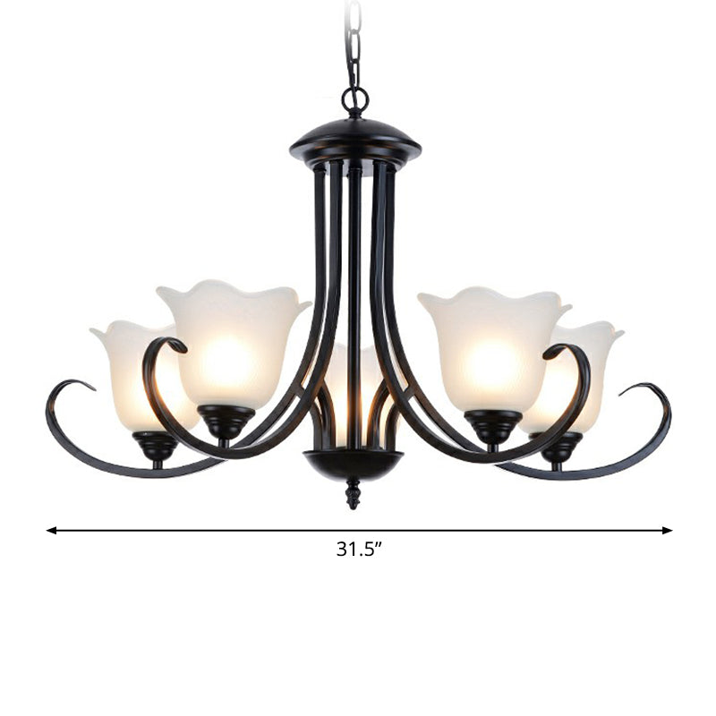 Black Finish Chandelier Lighting Retro Opal Frosted Glass Flower Hanging Light for Living Room