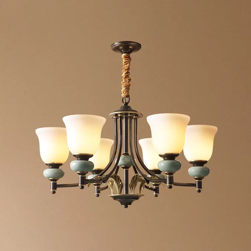 Carillon Living Room Chandelier Vintage White Glass 6-Light Black Pendant Light with Ceramic Decoration