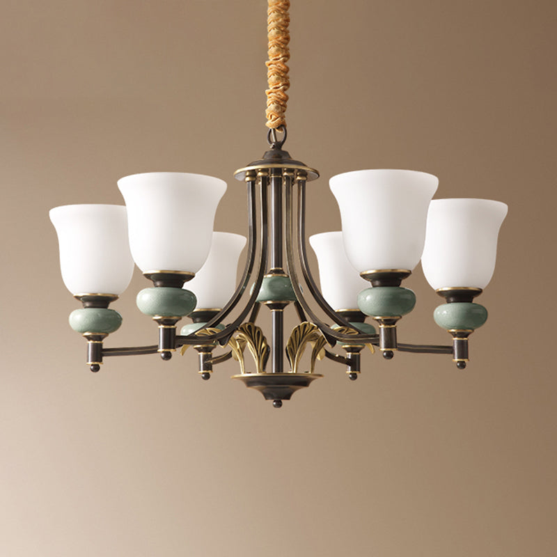 Carillon Wohnzimmer Kronleuchter Vintage White Glass 6-Light Black Anhänger Licht mit Keramikdekoration