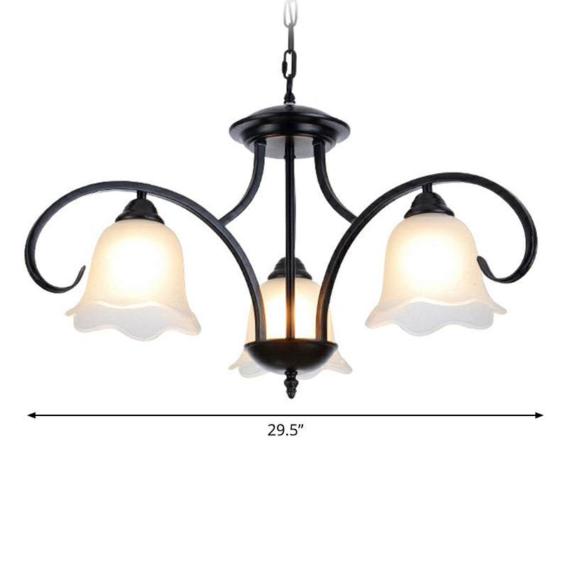Frosted White Glass Floral Chandelier Country Style Bedroom Ceiling Suspension Lamp in Black