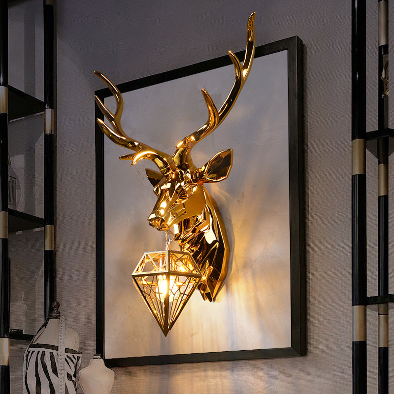 1 Light Resin Wall Lamp Fixture Rustic Silver/Gold Diamond Indoor Sconce Light with Deer Backplate, 14.5"/19.5" W