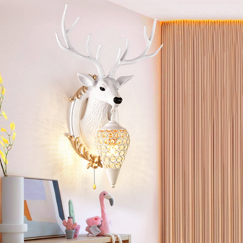 16"/18.5" W Rustic Droplet Sconce Lamp 1 Bulb Crystal Wall Mounted Light in Silver/White/Wood with Deer Resin Backplate