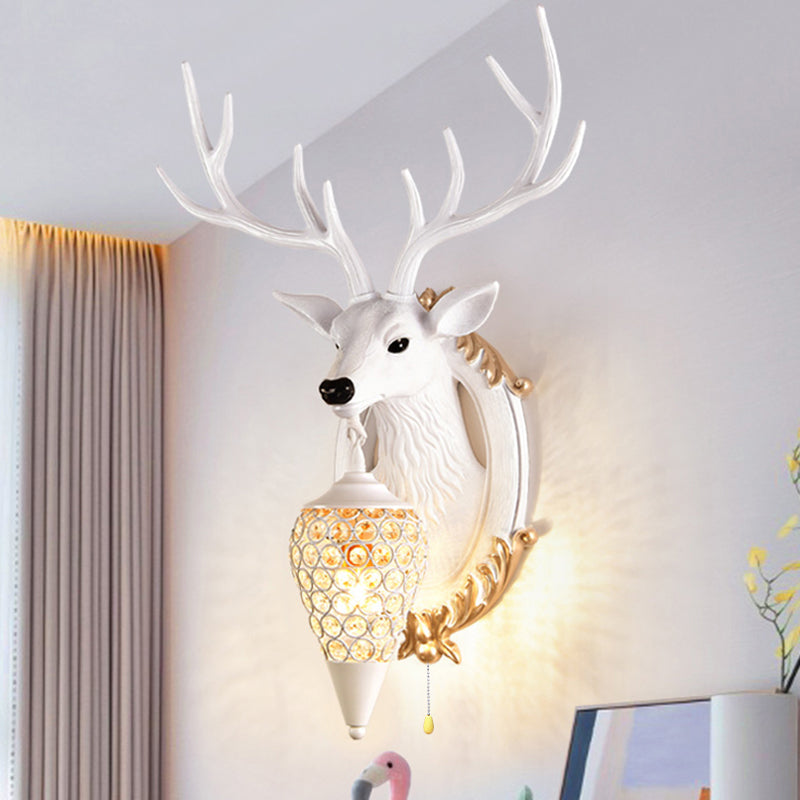 16"/18.5" W Rustic Droplet Sconce Lamp 1 Bulb Crystal Wall Mounted Light in Silver/White/Wood with Deer Resin Backplate