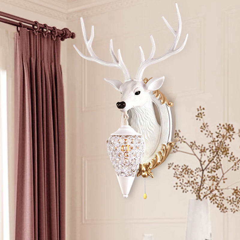 16"/18.5" W Rustic Droplet Sconce Lamp 1 Bulb Crystal Wall Mounted Light in Silver/White/Wood with Deer Resin Backplate