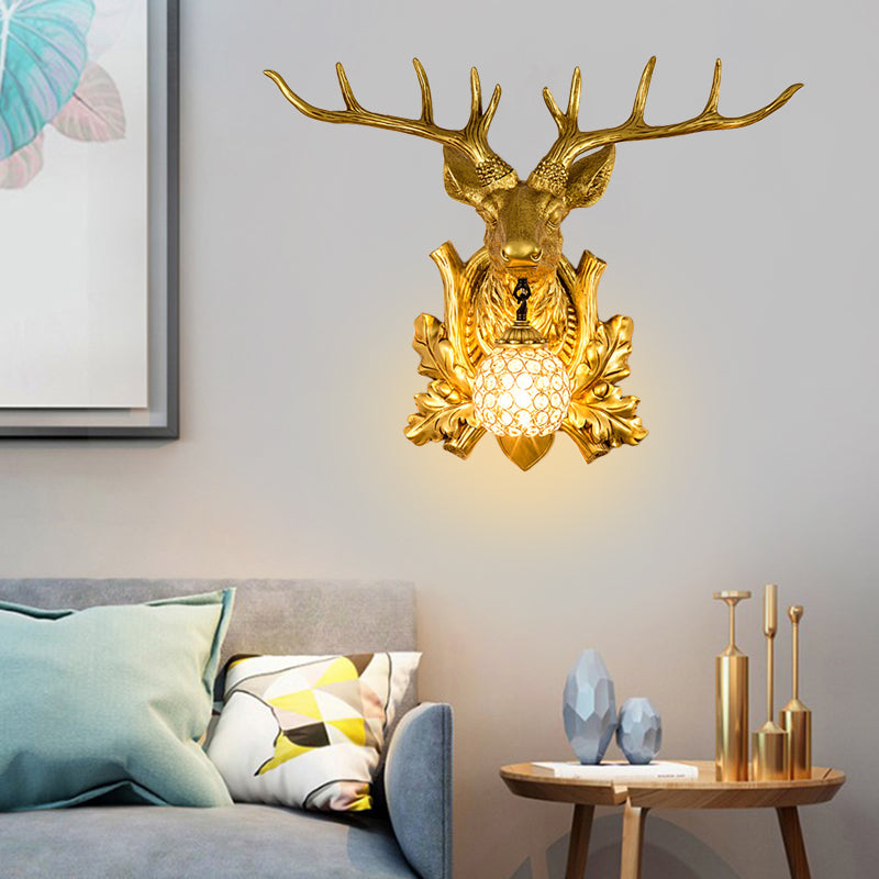 1 Light Wall Lamp Lighting Country Elk Resin Sconce Light Fixture in White/Bronze with Droplet Crystal Shade