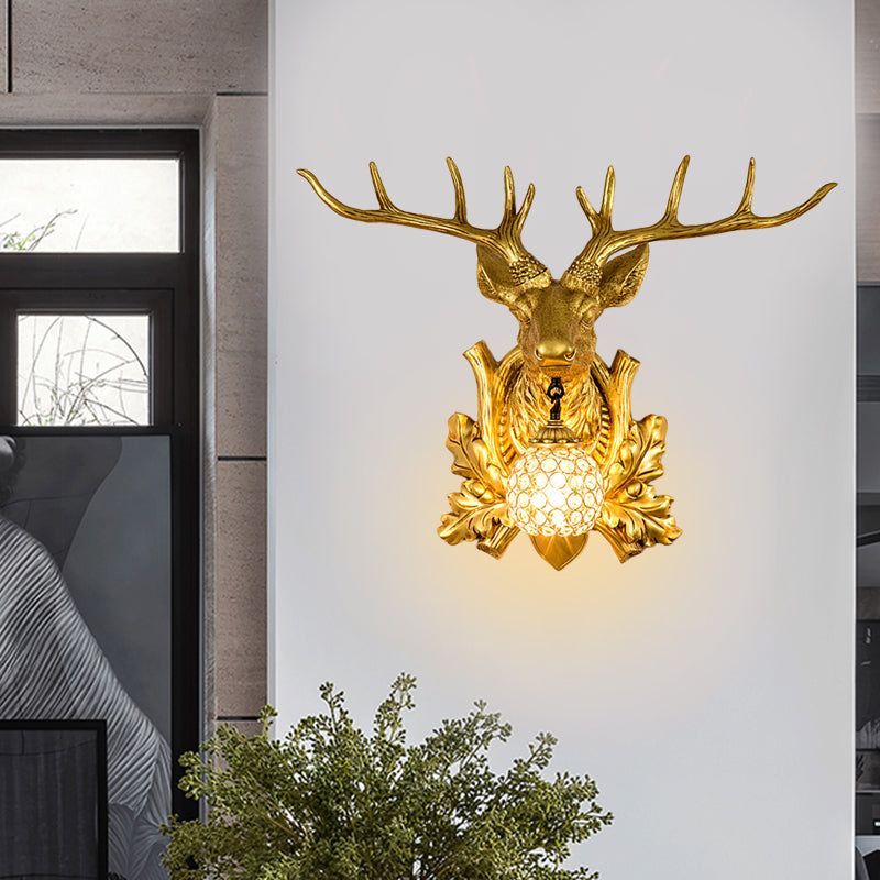 1 Light Wall Lamp Lighting Country Elk Resin Sconce Light Fixture in White/Bronze with Droplet Crystal Shade