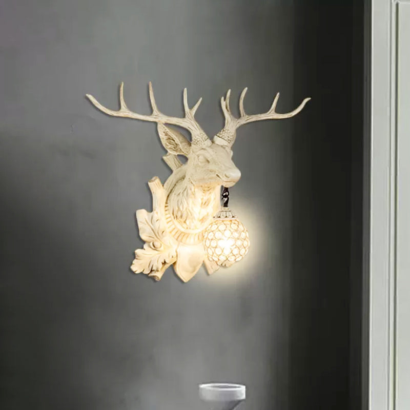 1 Light Wall Lamp Lighting Country Elk Resin Sconce Light Fixture in White/Bronze with Droplet Crystal Shade