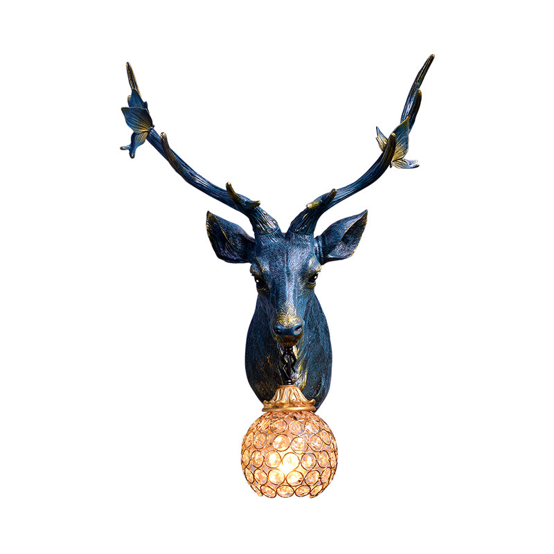 Cabezal de ciervos Resina Diconce Lámpara Vintage Single Bulb Interior Mural Lámpara Montada en azul/blanco/madera con sombra de cristal de globo