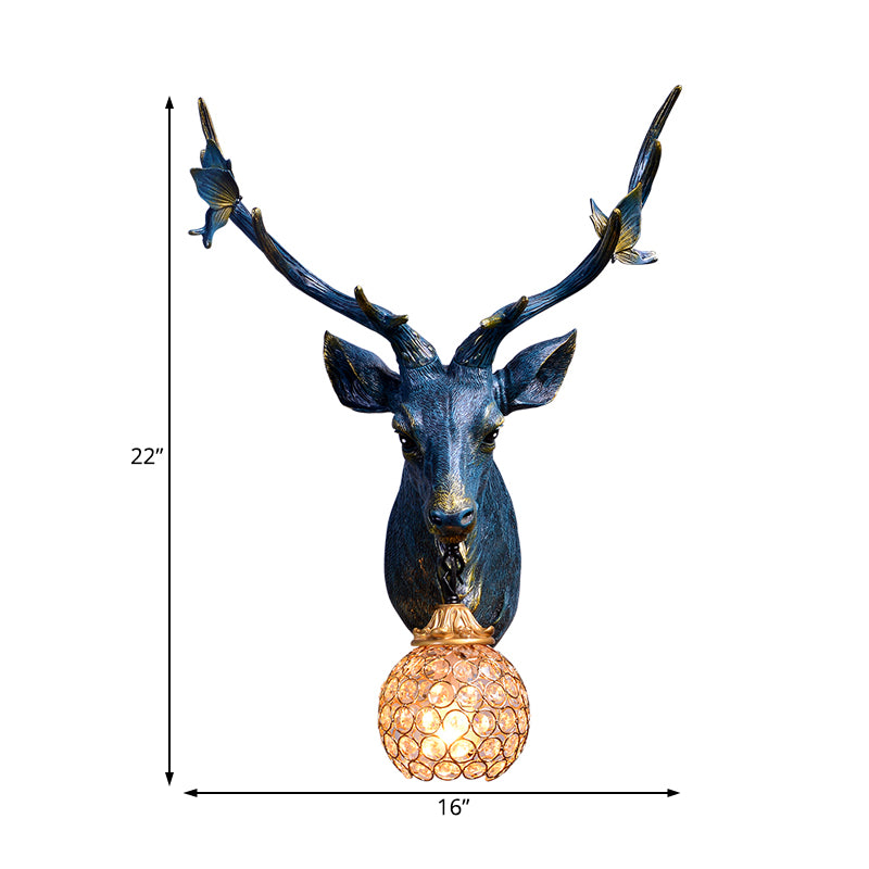 Cabezal de ciervos Resina Diconce Lámpara Vintage Single Bulb Interior Mural Lámpara Montada en azul/blanco/madera con sombra de cristal de globo
