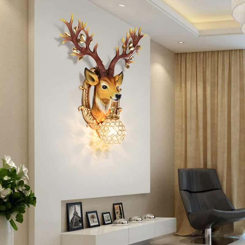20"/24" W 1 Light Resin Wall Lamp Classical Style Silver/White/Gold Deer Head Shaped Living Room Sconce Light with Globe Crystal Shade