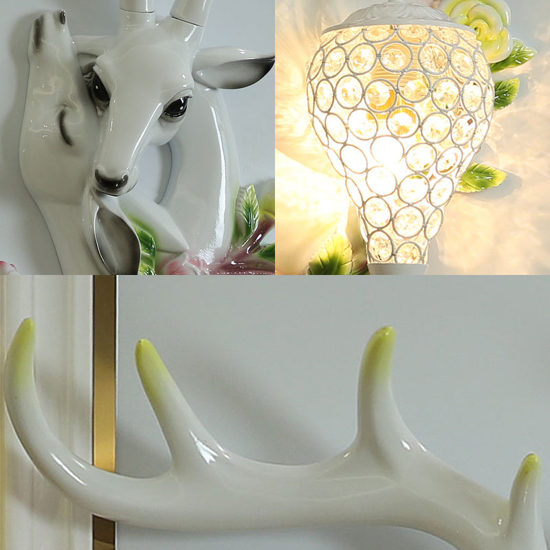 White/Gold 1 Light Wall Lighting Vintage Resin Deer Head Sconce Lamp with Droplet Crystal Shade