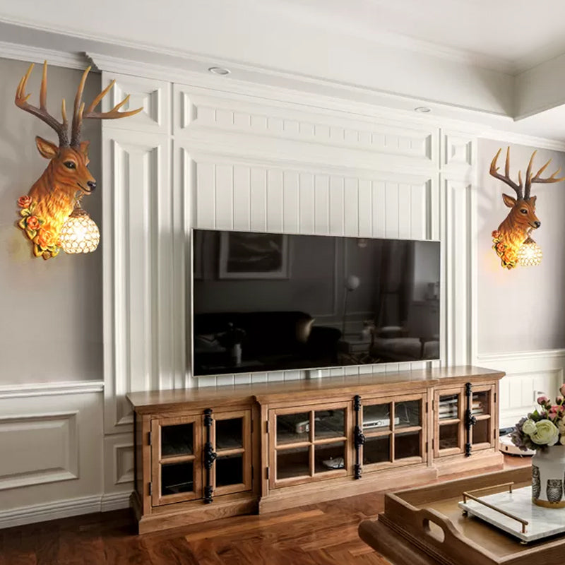 Crystal Globe Sconce Light Traditional 1 Light Living Room Wall Mounted Lamp in White/Gold with Deer Resin Deco