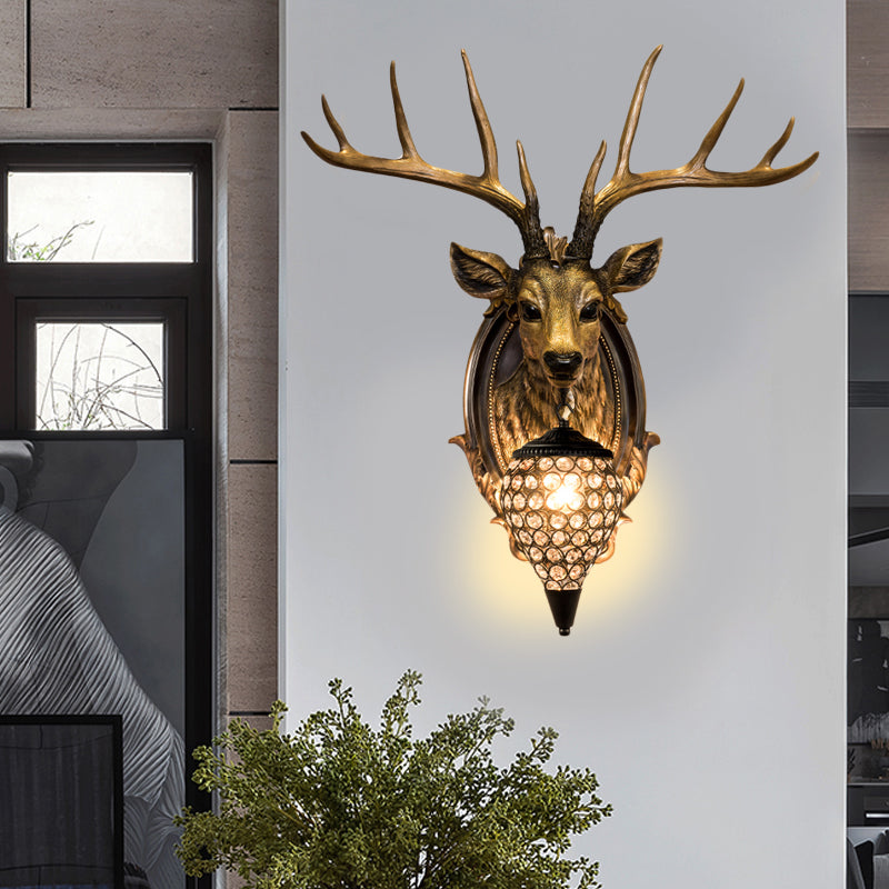 White/Beige/Yellow Deer Wall Lighting Rustic Resin 1 Light Living Room Sconce Lamp with Droplet Crystal Shade