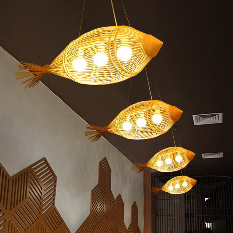 Fish Restaurant Chandelier Pendant Light Bamboo 3-Bulb Asie Lampe suspendue en bois