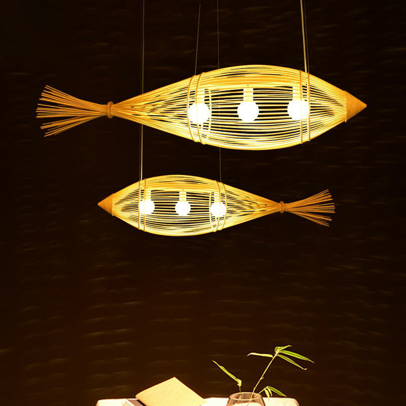 Fish Restaurant Chandelier Pendant Light Bamboo 3-Bulb Asia Hanging Lamp in Wood