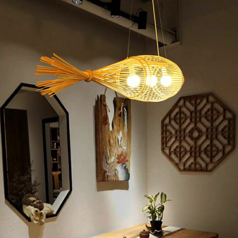 Fish Restaurant Chandelier Pendant Light Bamboo 3-Bulb Asia Hanging Lamp in Wood