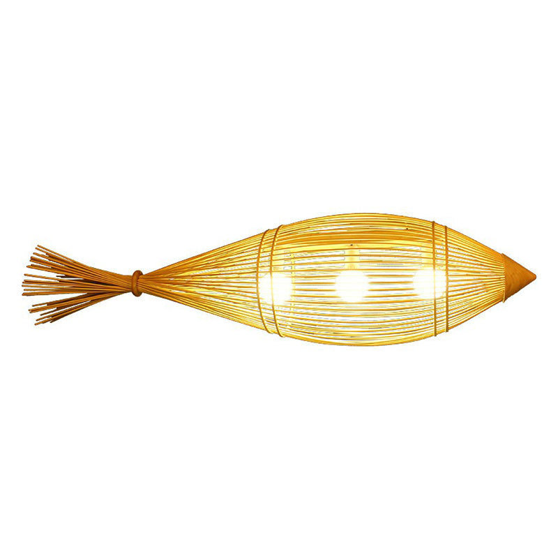Fish Restaurant Chandelier Pendant Light Bamboo 3-Bulb Asia Hanging Lamp in Wood