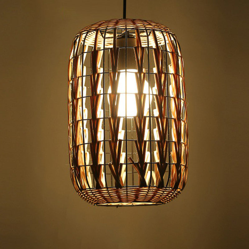 Rattan Cage Pendulum Light Country 1 Bulb Beige Hanging Ceiling Light for Restaurant