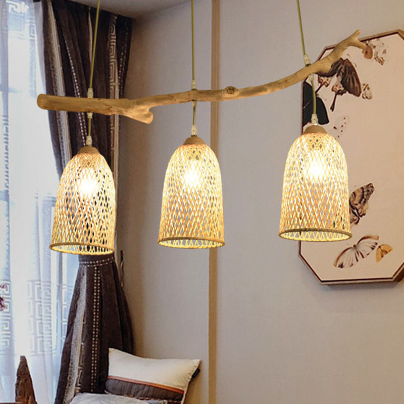 3-Bulb Restaurant Island Lamp Lodge Style Wood Pendant Light with Bell Bamboo Shade