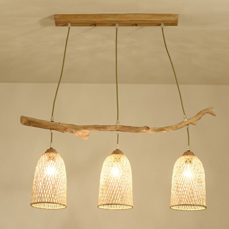 3-Bulb Restaurant Island Lamp Lodge Style Wood Pendant Light with Bell Bamboo Shade
