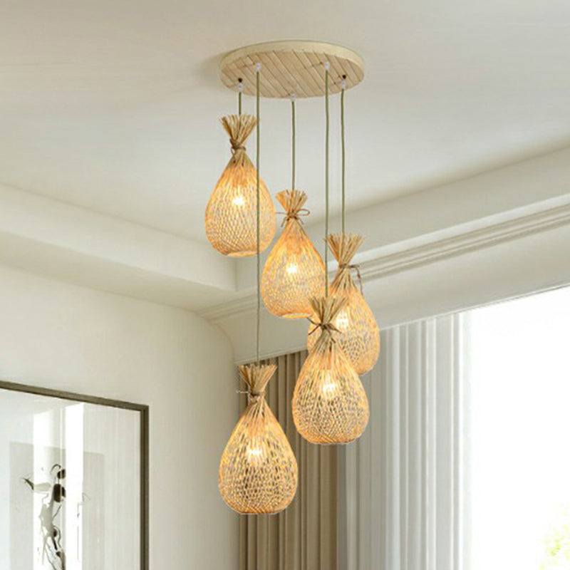 Wood Teardrop Shaped Hanging Light Fixture Cottage 3 Heads Bamboo Cluster Pendant Light