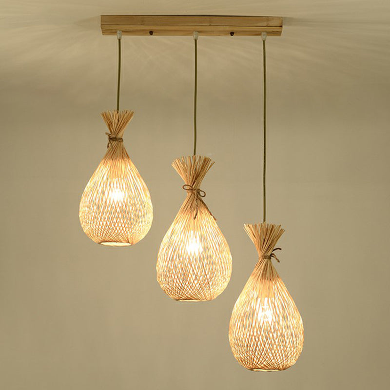 Wood Teardrop Shaped Hanging Light Fixture Cottage 3 Heads Bamboo Cluster Pendant Light