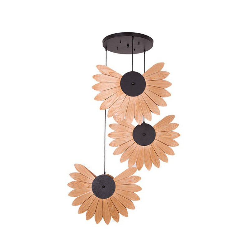 Botanic Wood Veneer Pendant Lamp South-East Asia 3-Light Beige Multi Ceiling Light