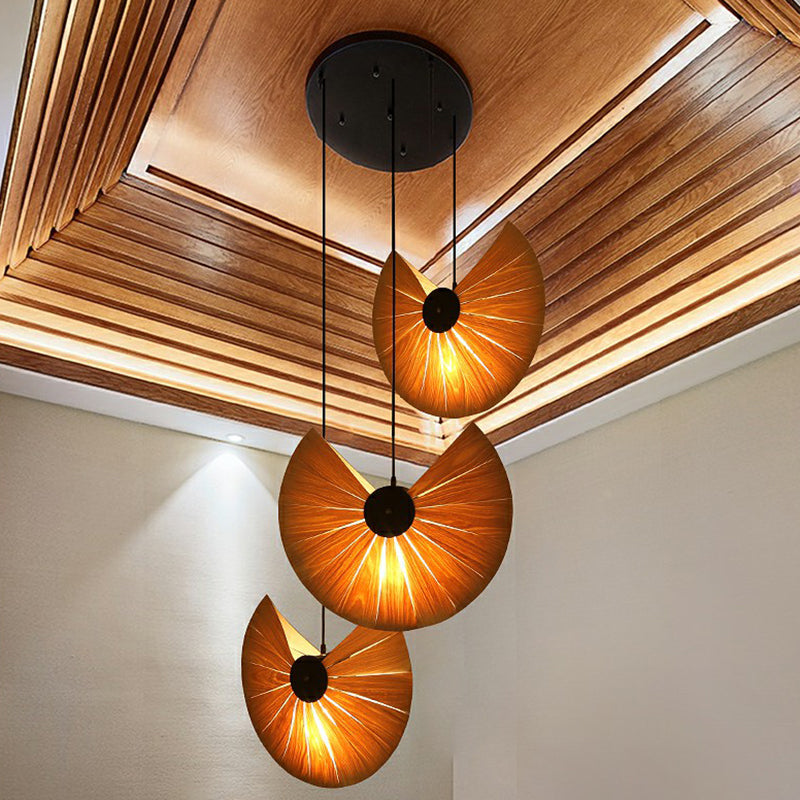 Botanic Wood Veneer Pendant Lamp South-East Asia 3-Light Beige Multi Ceiling Light